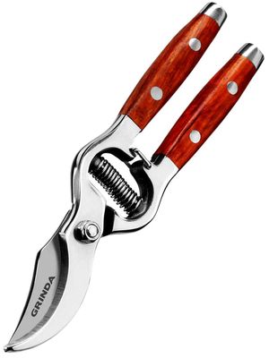 Секатор GRINDA Р-15, Секатор цельнокованный из нержавеющей стали, с деревянными рукоятками, плоскостной, 210 мм.