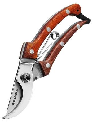 Секатор GRINDA Р-17, Секатор компактный, цельнокованный из нержавеющей стали, с деревянными рукоятками, плоскостной, 195 мм.